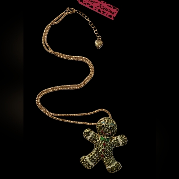 Betsey Johnson Green Stones, Enamel, and and Gold Tone Gingerbread Necklace - Picture 5 of 5